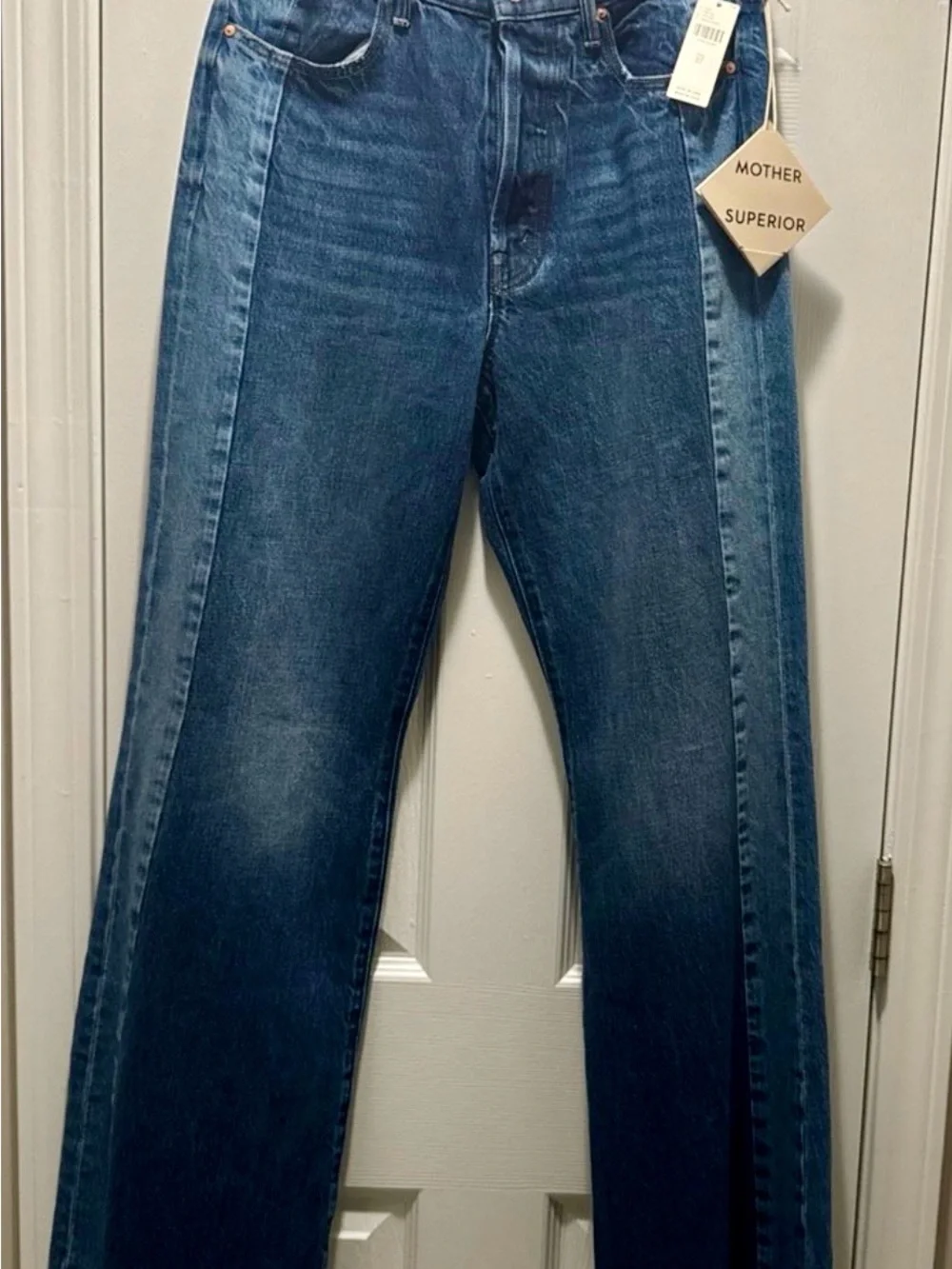 MOTHER Two-Tone Denim Straight Jeans in Dark and Light Blue - Picture 1 of 5